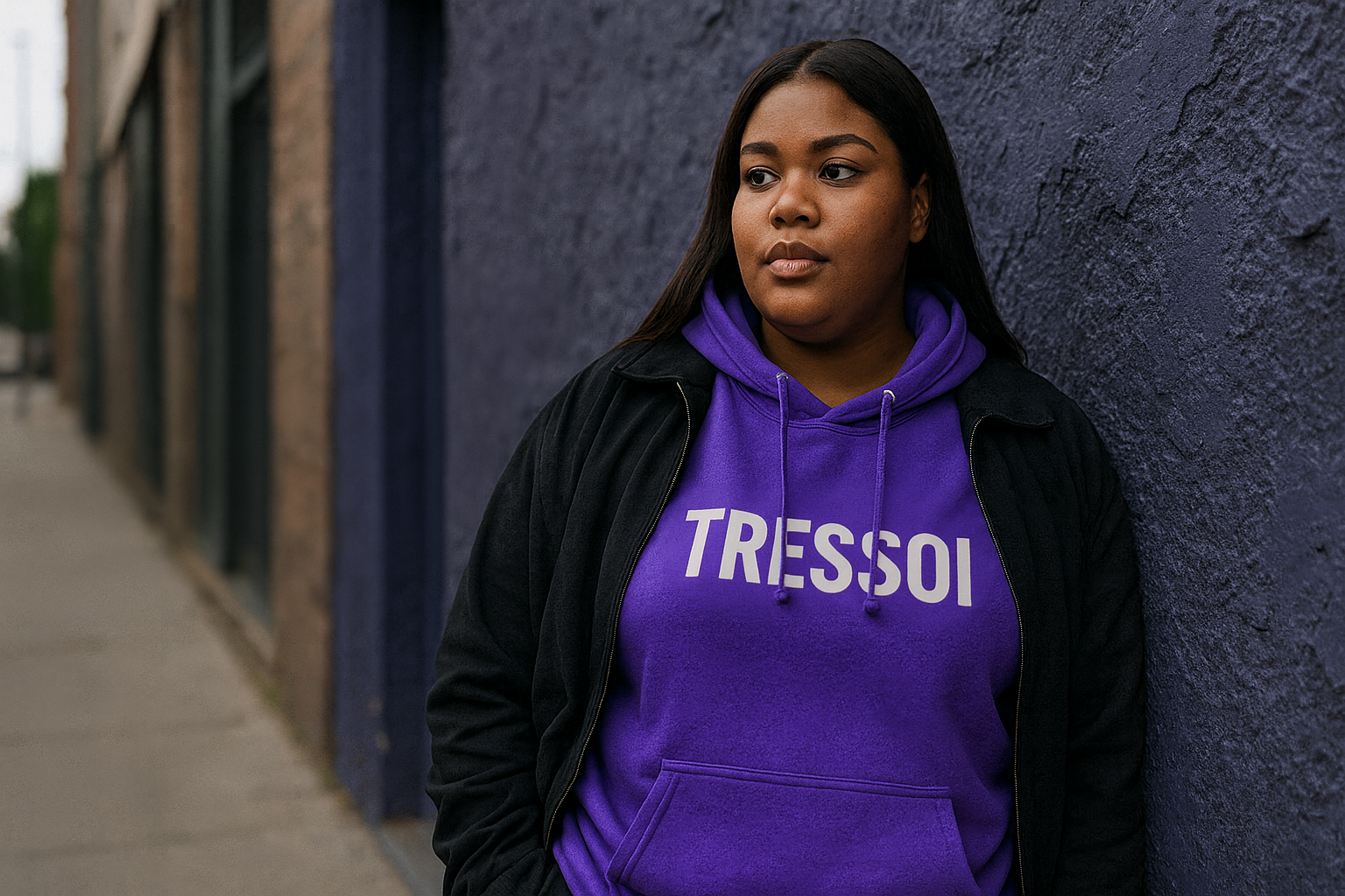 Modèle grande taille portant un hoodie streetwear TRESSOI en environnement urbain